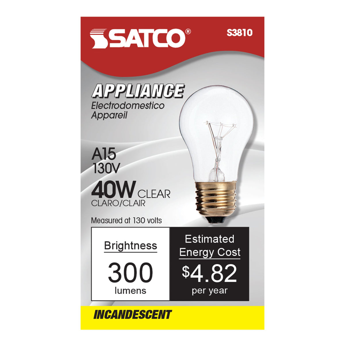 S3810 40W A15 Clear Appliance Bulb E26 130V